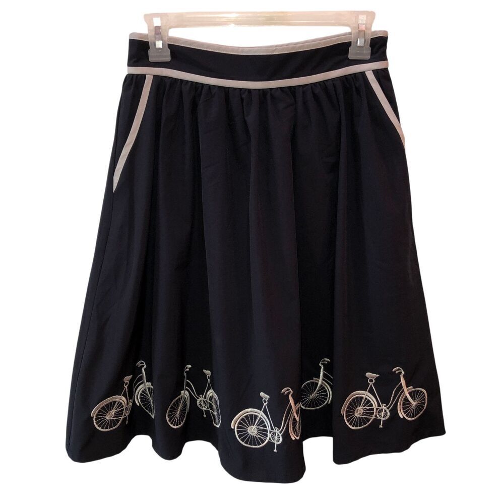 Comme Toi Womens Small Navy Blue Bicycle Embroidered Retro Style A Line Skirt S